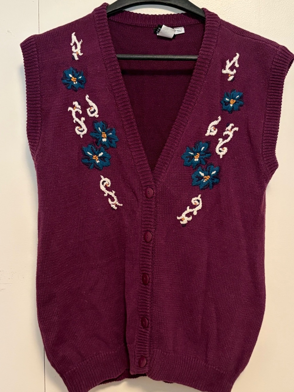 Reverse Plum V-Neck Button Sweater Vest with Teal Floral Embroidery